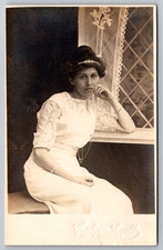 Carlin Studios Rppc Bride Posing at Window Real photo postcard c1900's Antique picture