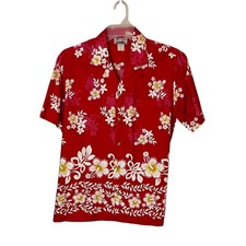Evergreen Island Mens Medium Red Floral Hawaiian Shirt Made Hawaii USA Vintage picture