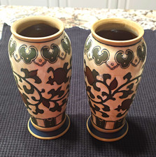 2-Ceramic Pair Abstract Decorative Vases Beige Green Brown Blue Design 9 in picture