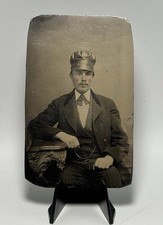 Antique Tintype Photo Young Man w/ Hat Victorian Portrait Ferrotype 1800s 4x2.25 picture