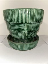 Vintage McCoy Green Basket Weave Flower Pot Planter Attached Saucer 5 1/2” picture