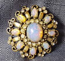 Hollycraft Signed Retro Round Gold-Tone Prong Set Opal Cabochon Brooch picture