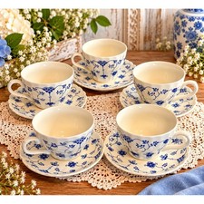 Churchill England Blue Onion Tea Cup and Saucer Set of 5 Blue White Floral picture