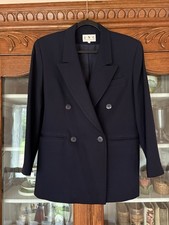 VINTAGE INC SIZE 8 WOMEN NAVY BLUE DOUBLE BREASTED WOOL BLAZER W SHOULDER PADS picture