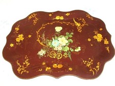 Huge Hand Painted Antique Red Mantel Tole Tray - Floral Gold Leaf & Exotic Bird picture