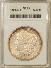 1893-O $1 MORGAN DOLLAR - ANACS AU-50 LUSTROUS, TOUGH DATE, WHITE SOAPBOX HOLDER picture