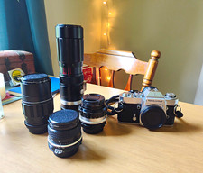 Nikon Nikkormat EL With Strap, 4 Lenses 2 Nikkor 2 Soligor, With Lens Bags AS IS picture