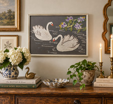 Vintage 1970s 80s Swan Crewel Embroidery Framed Yarn Textile Art 20x15 Cottageco picture