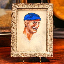 Colorful Vibrant Antique French Gouache Portrait Painting of Man Ornate Frame picture