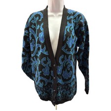VINTAGE 70s PENDLETON Womens Black Blue Cardigan Size M 100% Virgin Wool Vneck picture