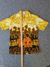 Vtg 1970s Malihini Hawaiian Bark Cloth Aloha Shirt Yellow Brown S - FLAW picture