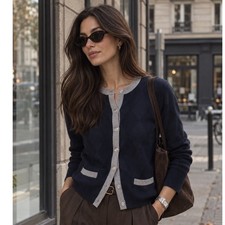Brooks Brothers 100% Merino Wool Cardigan Navy Gray Trim Preppy Ivy League M picture