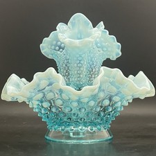 Fenton Blue Opalescent Hobnail 4pc Miniature 3 Horn Epergne Vase c1950s USA 7”t picture
