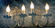 ANTIQUE ART NOUVEAU Female Face Or Mask DOUBLE ARM BRASS Or Bronze SCONCE Pair picture