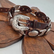Vintage 1996 Western Concho Link Leather Belt 32 Brown Silver Western Rodeo picture