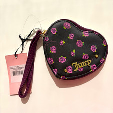 Juicy Couture Heart Wristlet Floral Rose Print Black/Purple Zip Lined Gold picture