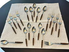 Vintage INTERPUR 21 pc MCM Stainless Flatware Set Wood Handles Forks Spoons picture