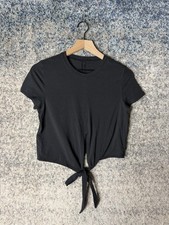 Lululemon T Shirt Womens Medium Black Cropped Tie Front Crew Neck Yoga Athletic picture