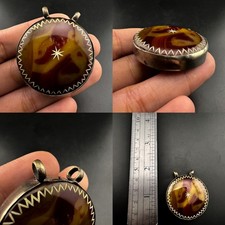 Exquisite Antique Agate Talisman Pendant with Hand-Carved Brass Inlay picture