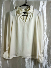 J.CREW Women’s XS White Solid Woven Polyester Ruffle V-Neck Long Sleeve Blouse picture