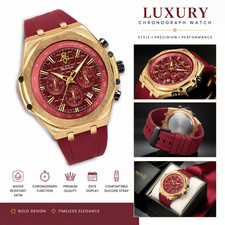 Men's Luxury Gold Chronograph Watch Red Dial Silicone Strap Waterproof Date picture