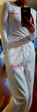 Women’s White/Pink 2pc Fleece Set M Long Sleeve Top & Drawstring Pants Pockets picture