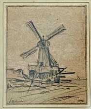 WILLEM POTHAST Antique Signed Original Drawing Windmill Netherlands Dutch 19th C picture