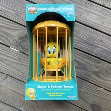 Vintage 1998 Looney Tunes Singin & Swingin Tweety Bird In Cage Toy - WORKS GOOD picture