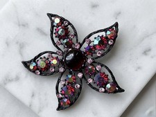 Signed WEISS Black Japanned Pink Red Aurora Borealis Rhinestone Flower Brooch picture