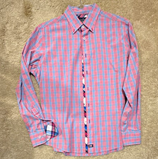 The Savile Row Company Men's Slim Plaid Cotton Long Sleeve Shirt Pink/Blue L picture