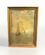 Antique Nautical Oil on Artist Board Painting of Early  Sailboats on Water picture