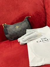 Coach Signature Logo Small Crescent Shoulder Bag Brown/Black Gold Chain Zip picture