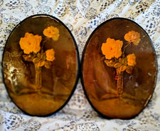 Home Interiors 1970s Oval Floral Wood Wall Art Pair Under Glass 13x12x8 picture