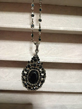 Vintage Signed Monet Dark Silver Tone Black Rhinestone Teardrop Pendant Necklace picture