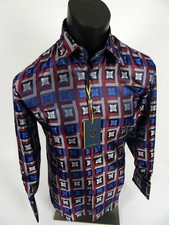 Blue Silver Burgundy Italian Florals Cuff Links Button Front Mens Manzini Shirt picture