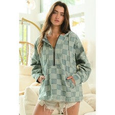 186 BiBi Washed Checker Denim Half Zip Up Hoodie - LARGE - PTP 29
