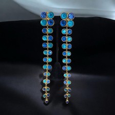 Vintage Ben Amun Gold-Tone Blue Glass Cabochon  7in Statement Clip-On Earrings  picture