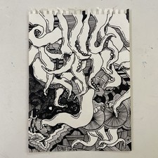 OMAN Original Ink Drawing 8x6 Psychedelic Tentacles Outsider Art Brut Surrealism picture