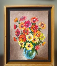Vasilyev V. Original Oil Painting Colorful Flowers Vase Impasto 16x20 Framed picture
