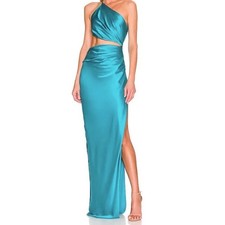New Luxxel  Blue Satin One Shoulder Cutout Ruched Maxi Dress Size L picture