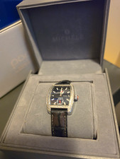MICHELE Urban Diamond Bezel Quartz Tonneau Black Dial Leather Straps w/ Box picture