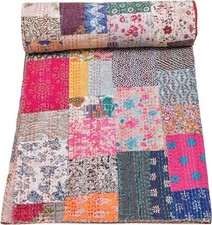 Vintage Multi  Patchwork Kantha Quilt, Handmade Cotton Bedding 90X108 picture