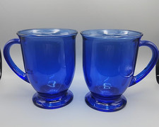 Anchor Hocking Cafe Cobalt Blue Glass Footed Coffee Mugs Set of 2 USA 83465 picture