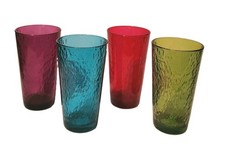 Vtg Pasabahce Inner Optic Crinkle Glass Tumblers 16oz Jewel Tone Highball Set 4 picture