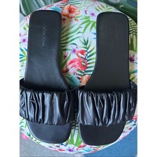 Saks Fifth Avenue Black Ruched Leather Slide Sandals Flat Minimalist Shoes 9 40 picture
