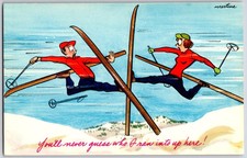Skiers Humor Vintage Postcard YOU'LL NEVER GUESS WHO I RAN INTO UP HERE picture