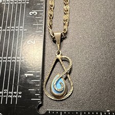 Vintage Hand Fabricated Artisan S-Link Chain Necklace Mosaic Opal Inlay Pendant picture