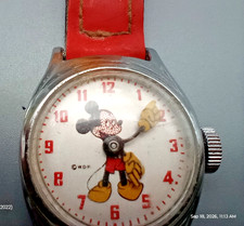 VTG US Time Timex 1965 Mickey Mouse Measle Stippled Watch leather band WORKS picture