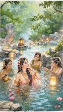 Original Watercolor Oriental Painting-Indian Women Bathing in Forest Waterfall picture