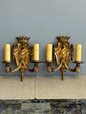Antique Pair Brass Spanish Revival/Tudor Two Arm Fixtures Sconces Stamped J&S picture